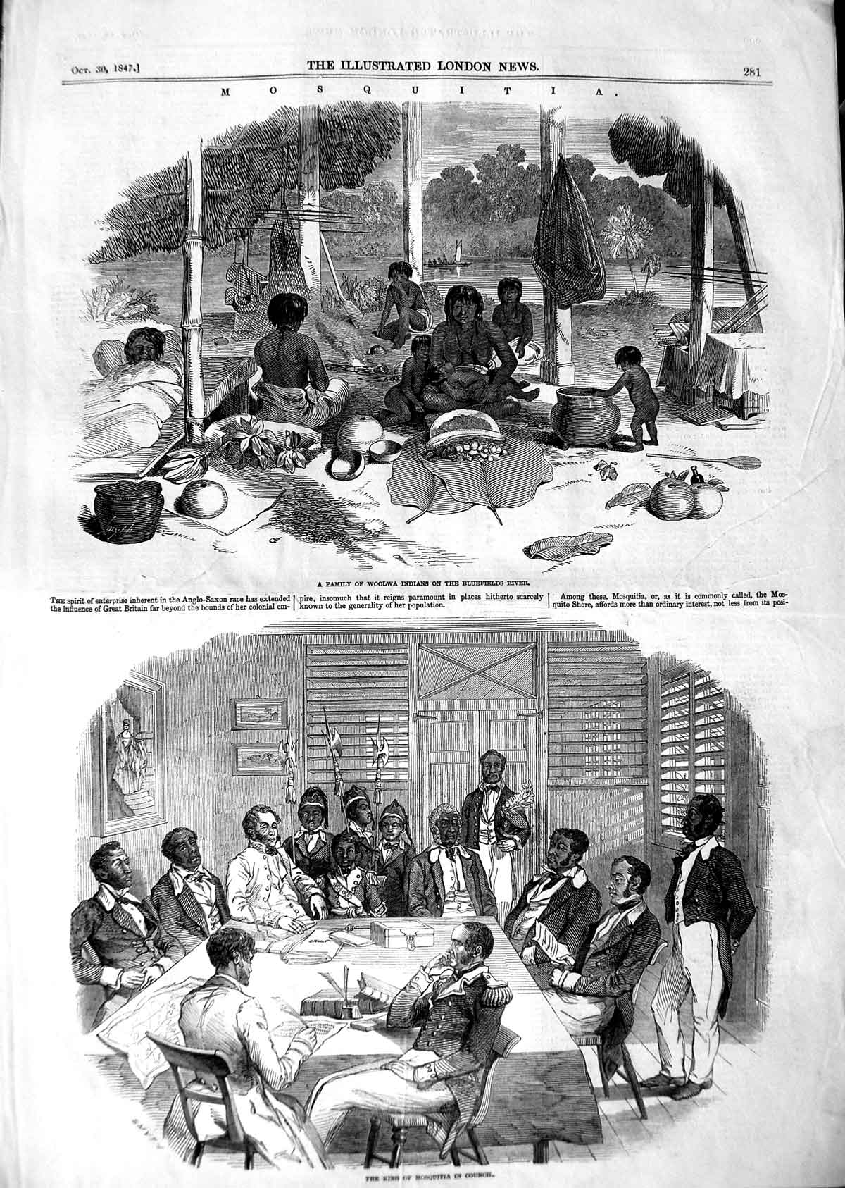 Original Old Antique Print 1847 Mosquitia Honduras Woolwa Indians Bluefield 19th
