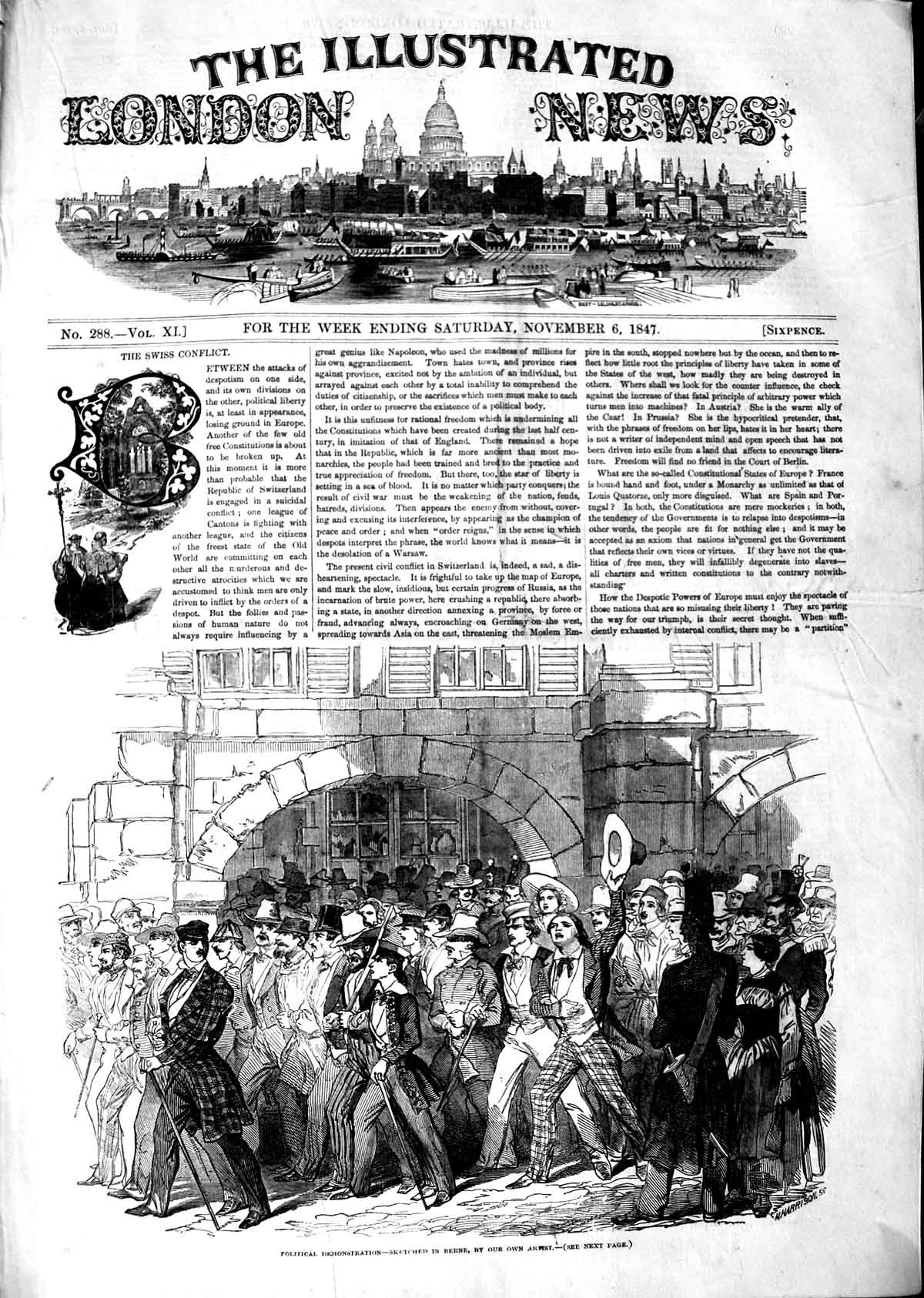 Old Antique Print 1847 Political Street Demonstrations Berne Switzerland 19th