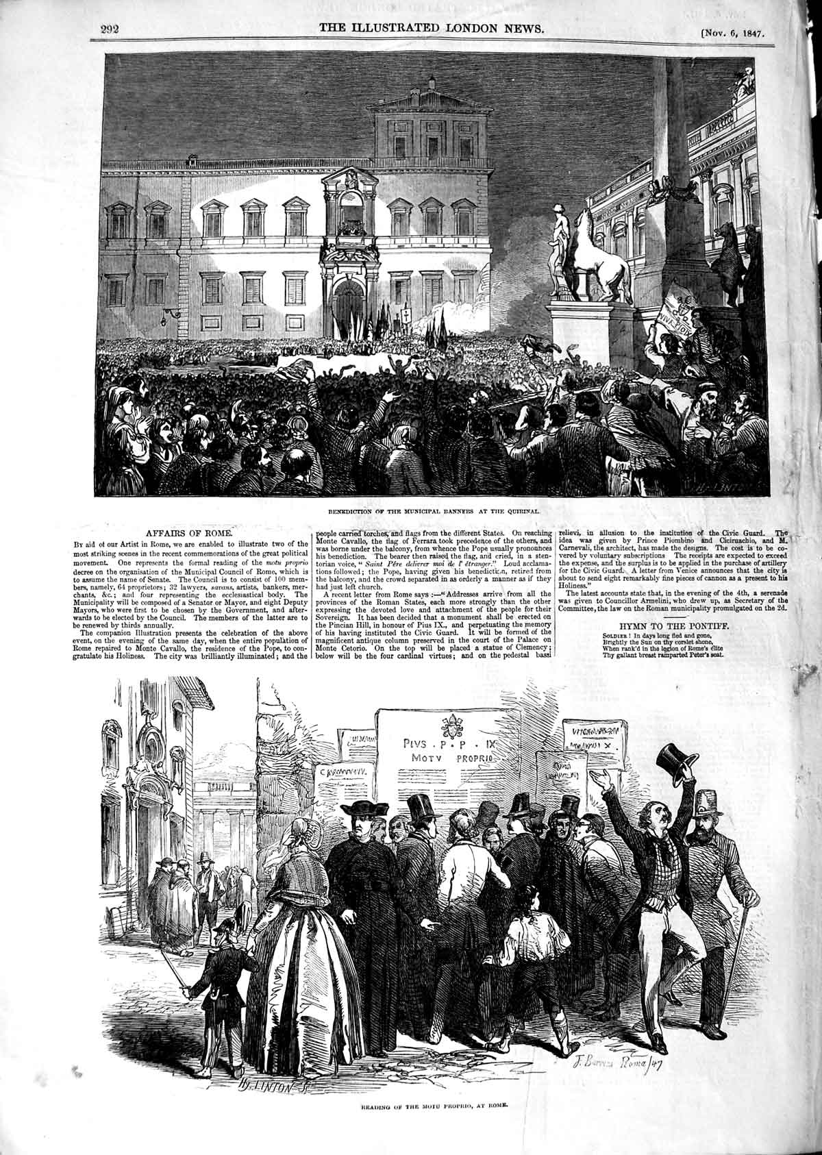 Original Old Antique Print 1847 Benediction Banners Quirinal Motu Proprio Rome