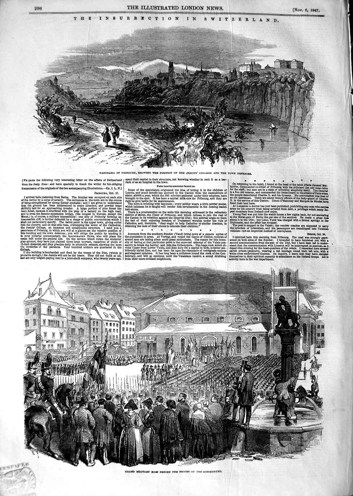 Original Old Antique Print 1847 Switzerland Fribourg Jesuits College Son 19th