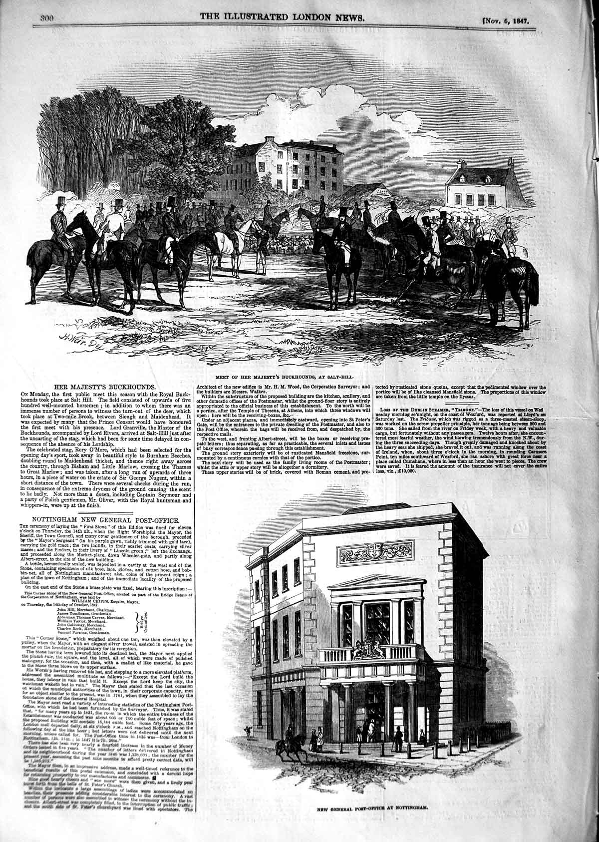 Old Antique Print 1847 Post Office Nottingham Queen Hounds Salt Hunting 19th