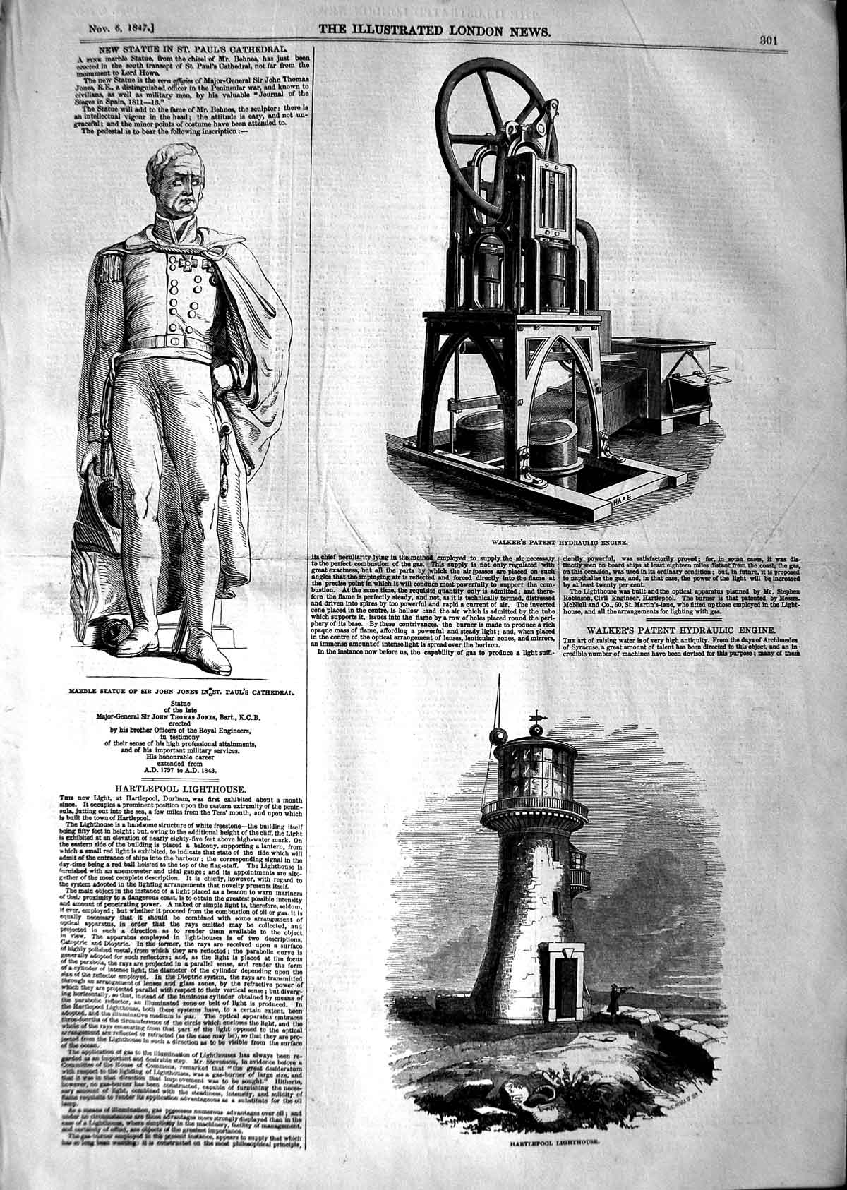 Original Old Antique Print 1847 Walker'S Hydraulic Engine Lighthouse John Jones