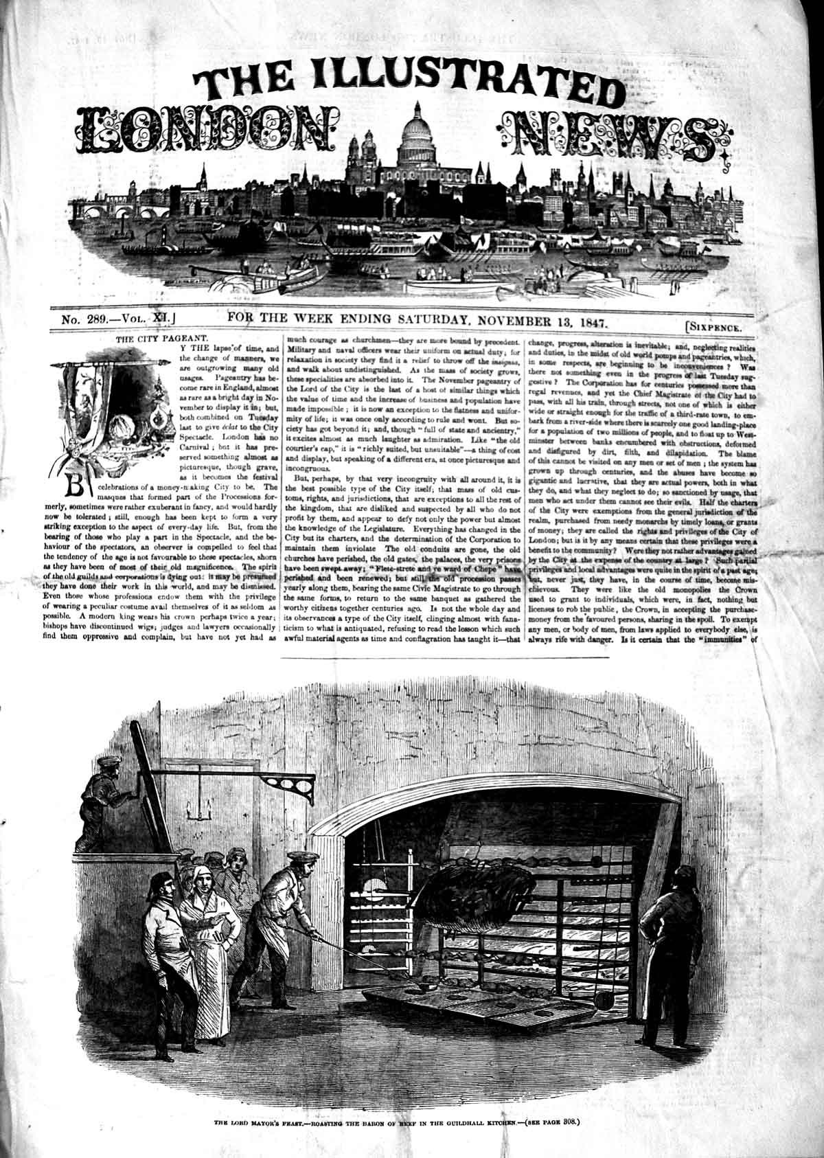 Old Antique Print 1847 Lord Mayor'S Feast Roasting Beef Guildhall Kitchen 19th