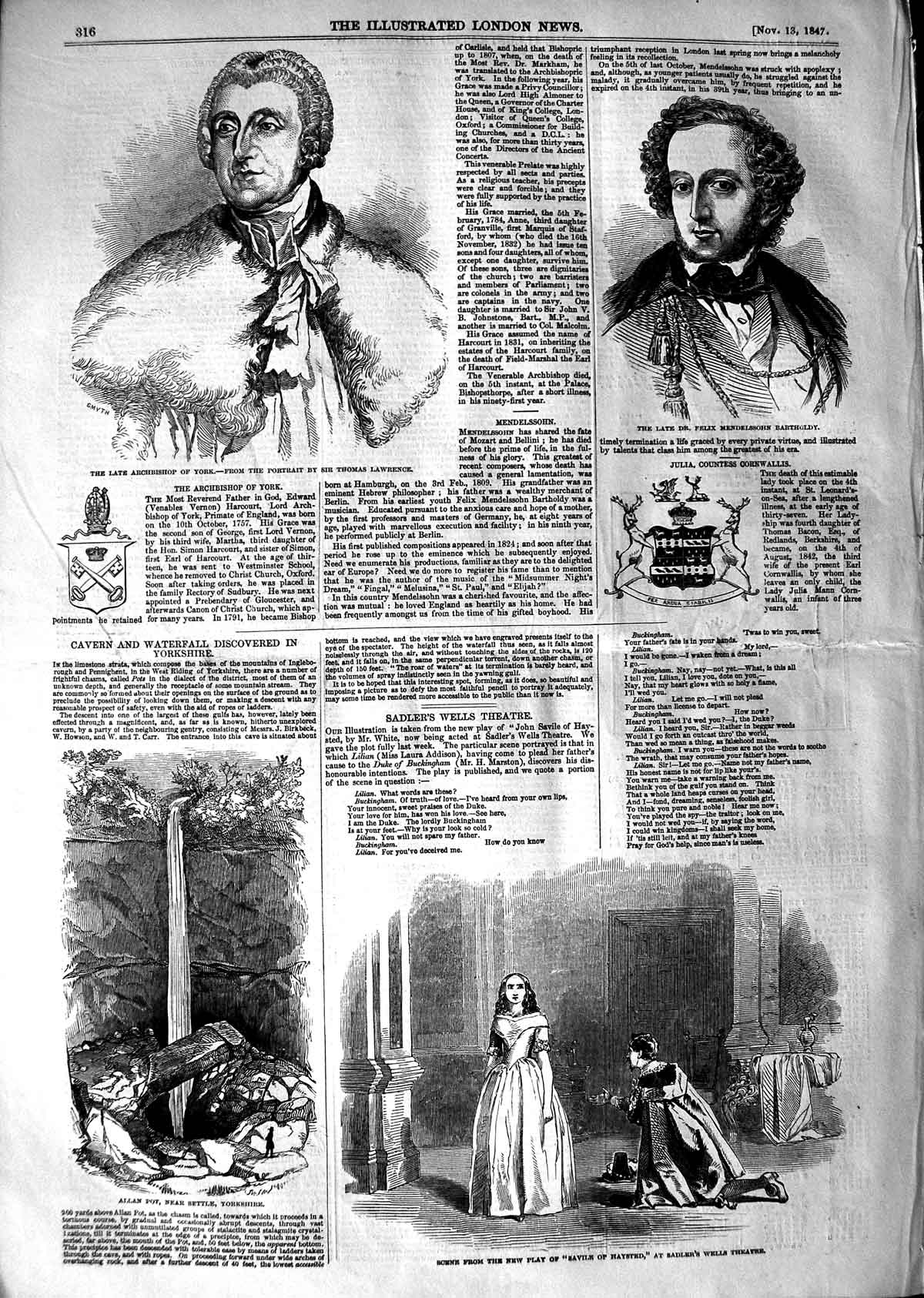 Original Old Antique Print 1847 Archbishop York Barthy Sadler'S Wells Theatre