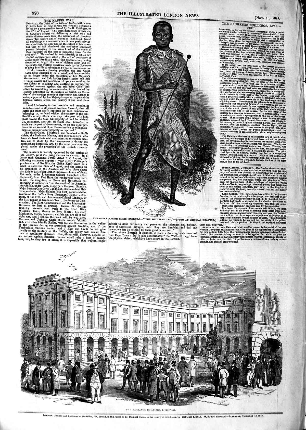 Old Antique Print 1847 Gaika Chief Sandilla Exchange Buildings Liverpool 19th