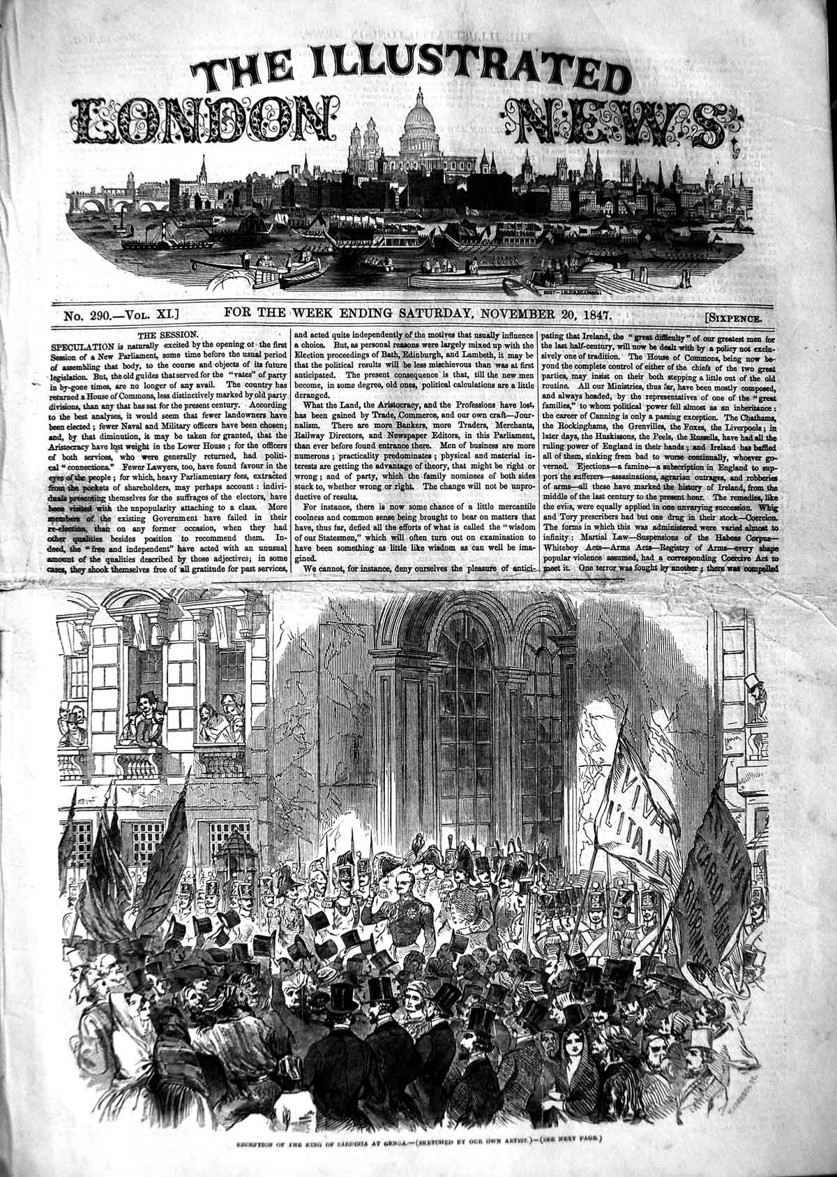 Original Old Antique Print 1847 Reception King Sardinia Genoa Procession 19th