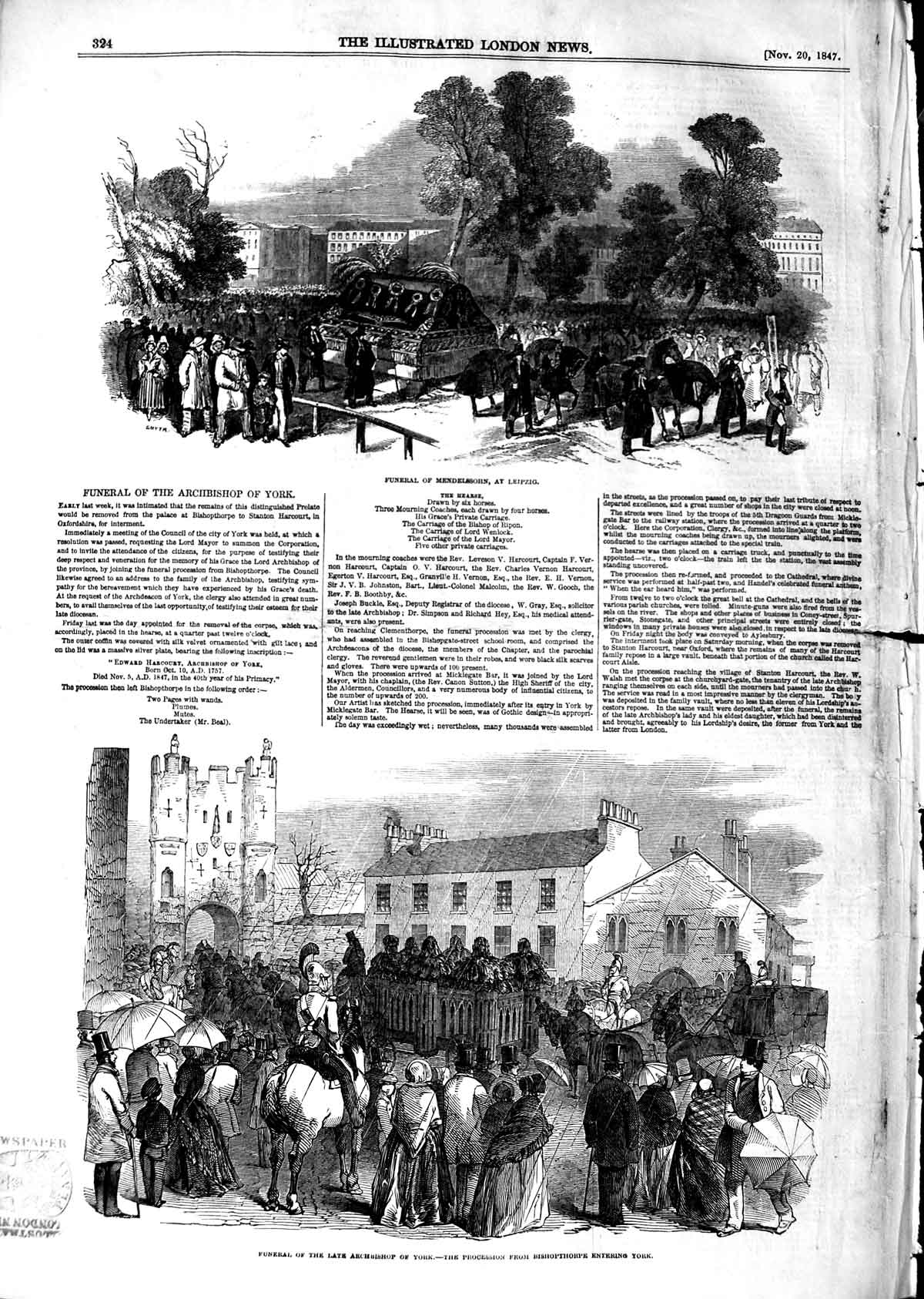Original Old Antique Print 1847 Funeral Mendelssohn Leipzig Archbish Victorian