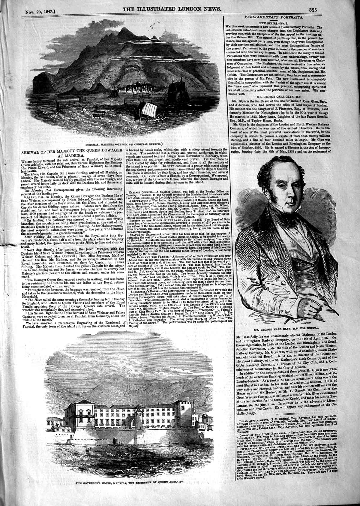 Original Old Antique Print 1847 Funchal Madiera George Carr Glyn Queen Adelaide