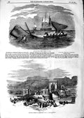 Original Old Antique Print 1847 Whale Fishing Suspension Bridge Danube 19th