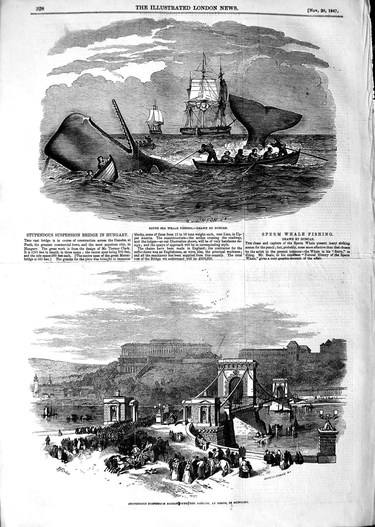 Original Old Antique Print 1847 Whale Fishing Suspension Bridge Danube 19th