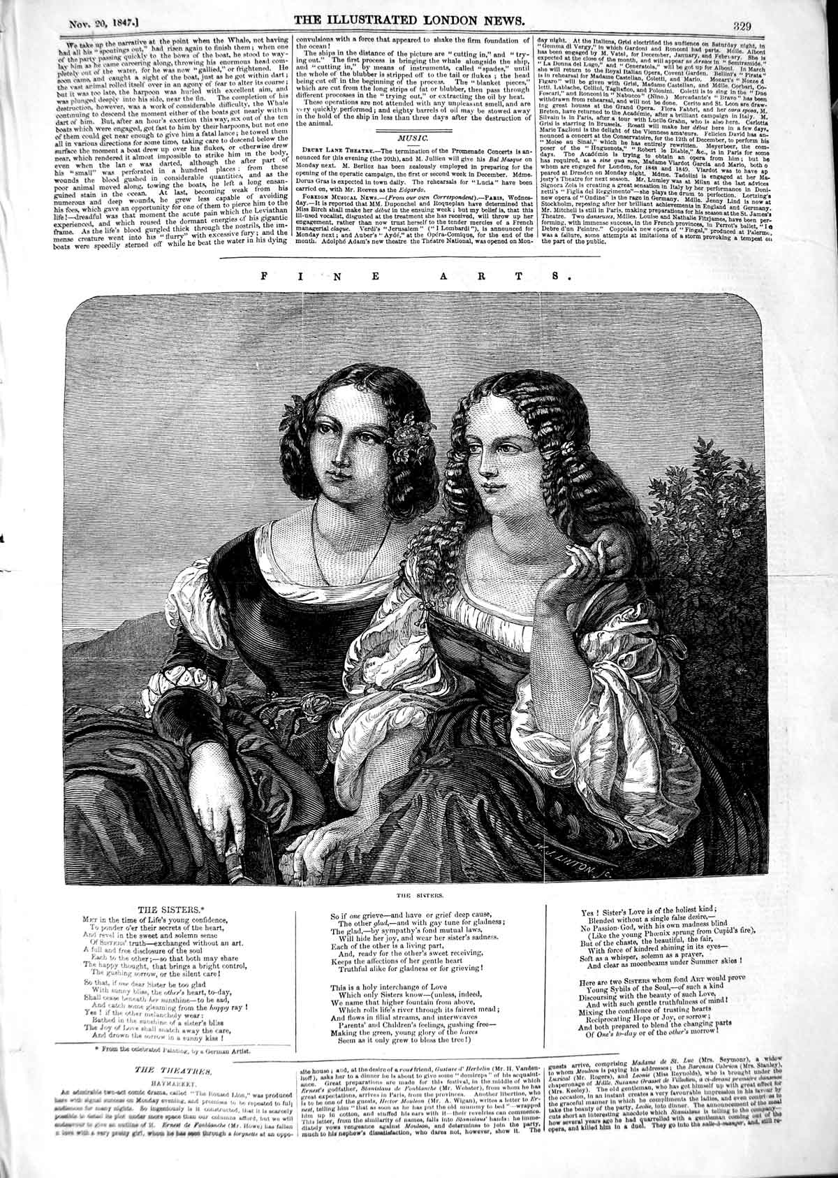 Original Old Antique Print 1847 Fine Art Portrait Sisters Beautiful Women 19th