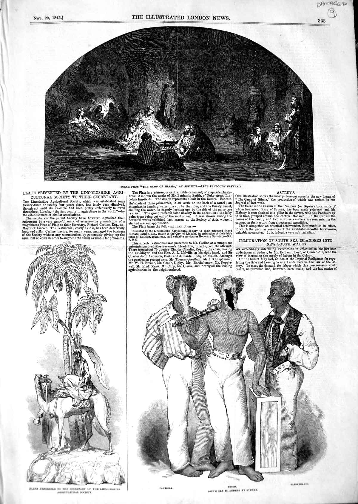 Original Old Antique Print 1847 Damaged Islanders Sydney Astley'S Theatre 19th