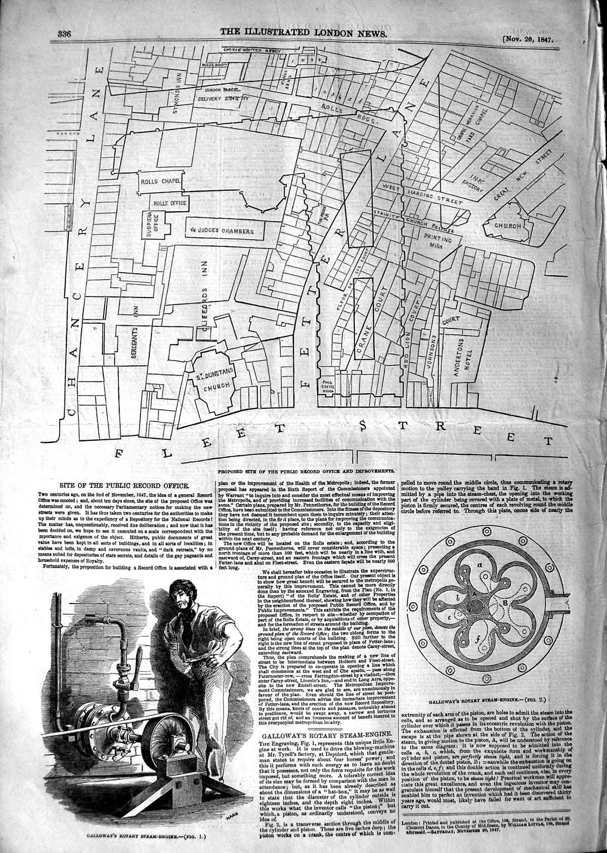 Old Antique Print 1847 Plan Public Record Office Galloway Rotary Engine 19th