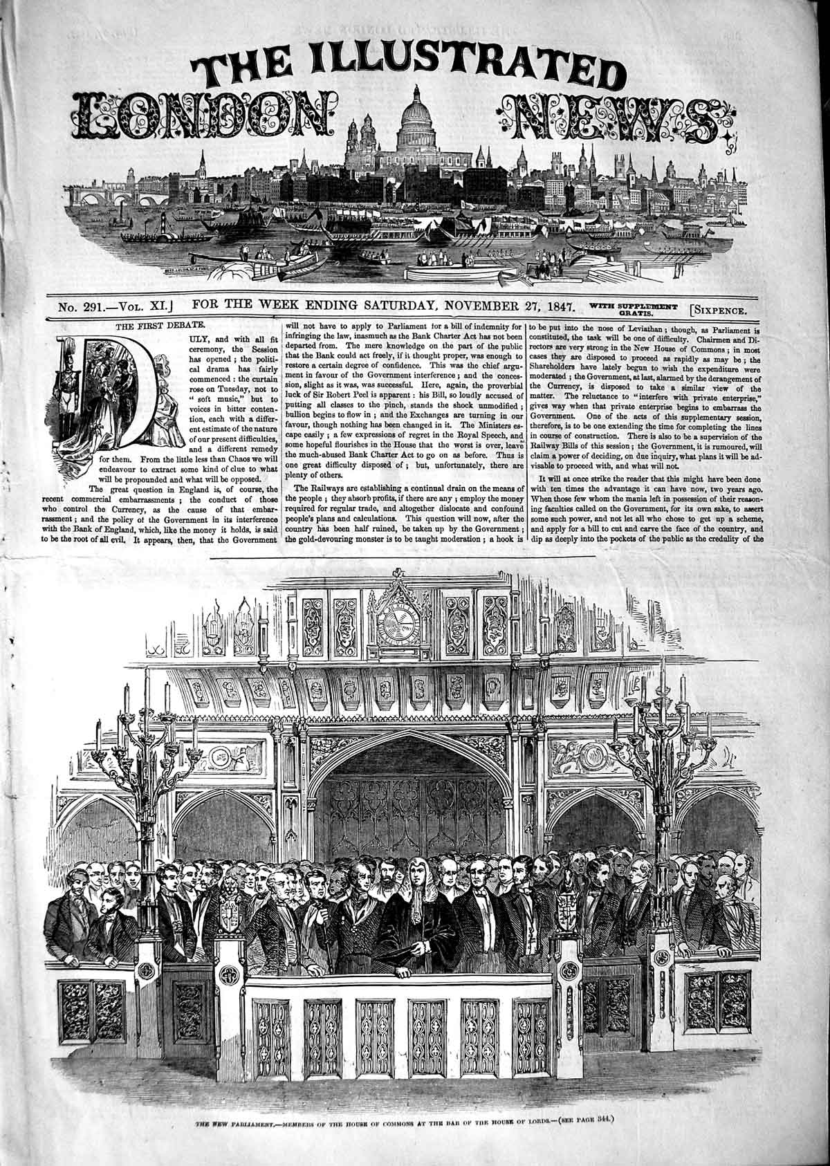 Original Old Antique Print 1847 Parliament Members House Commons Bar Lords 19th