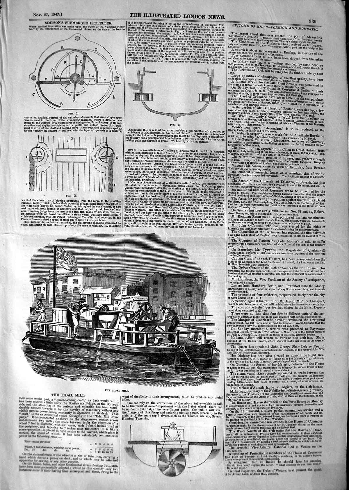 Original Old Antique Print 1847 Mill Simpson'S Submerged Propeller Switzerland