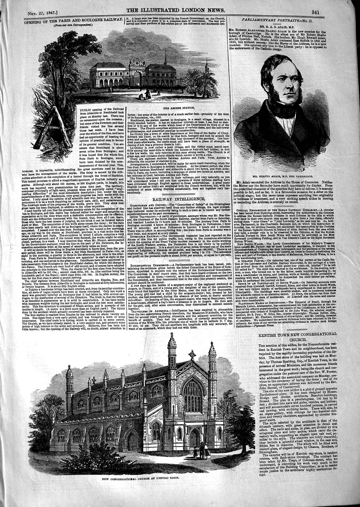 Old Antique Print 1847 Amiens Station Paris Railway Adair Church Kentish 19th