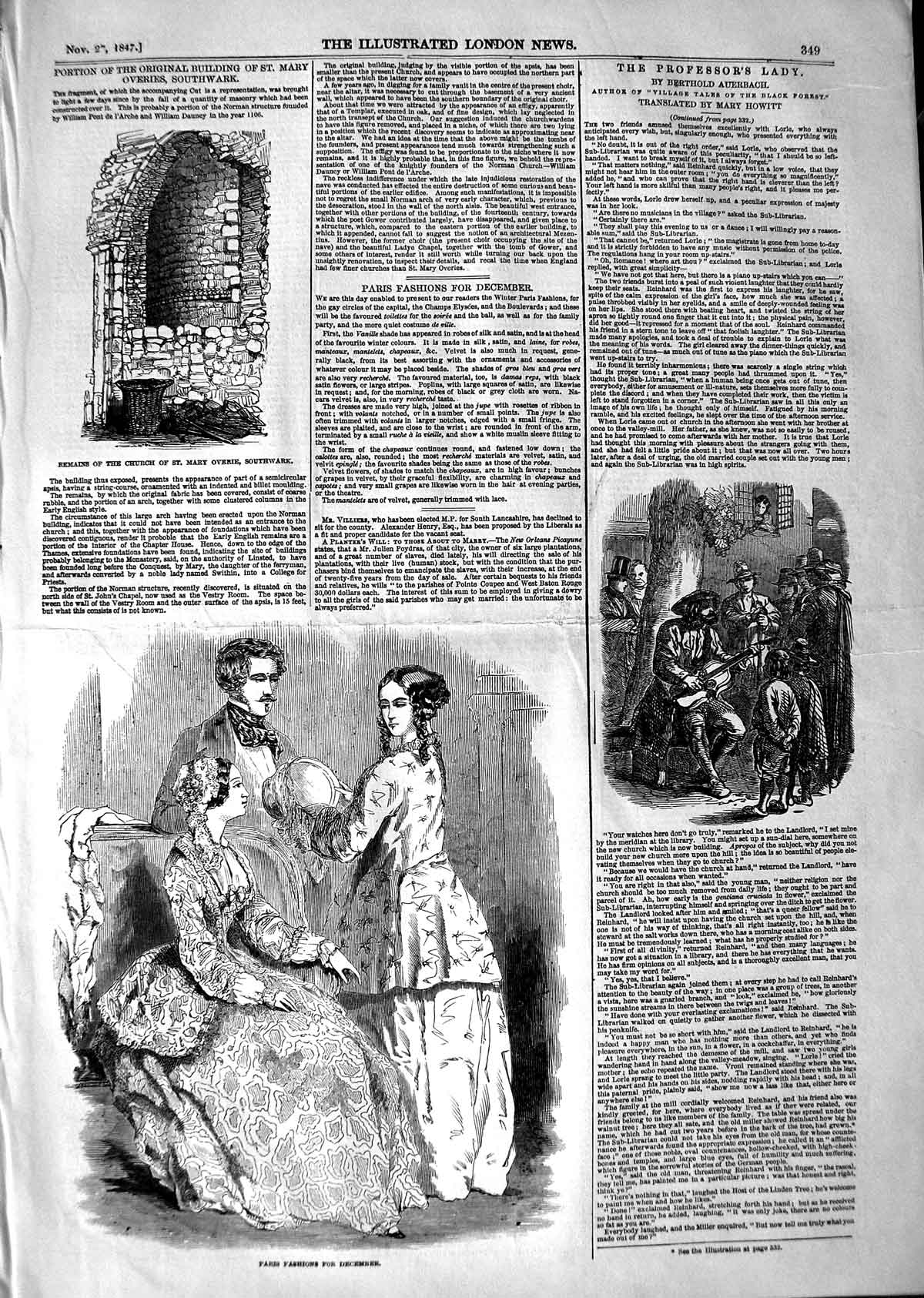 Old Antique Print 1847 Remains Church Mary Overie Southwark Paris Fashion 19th