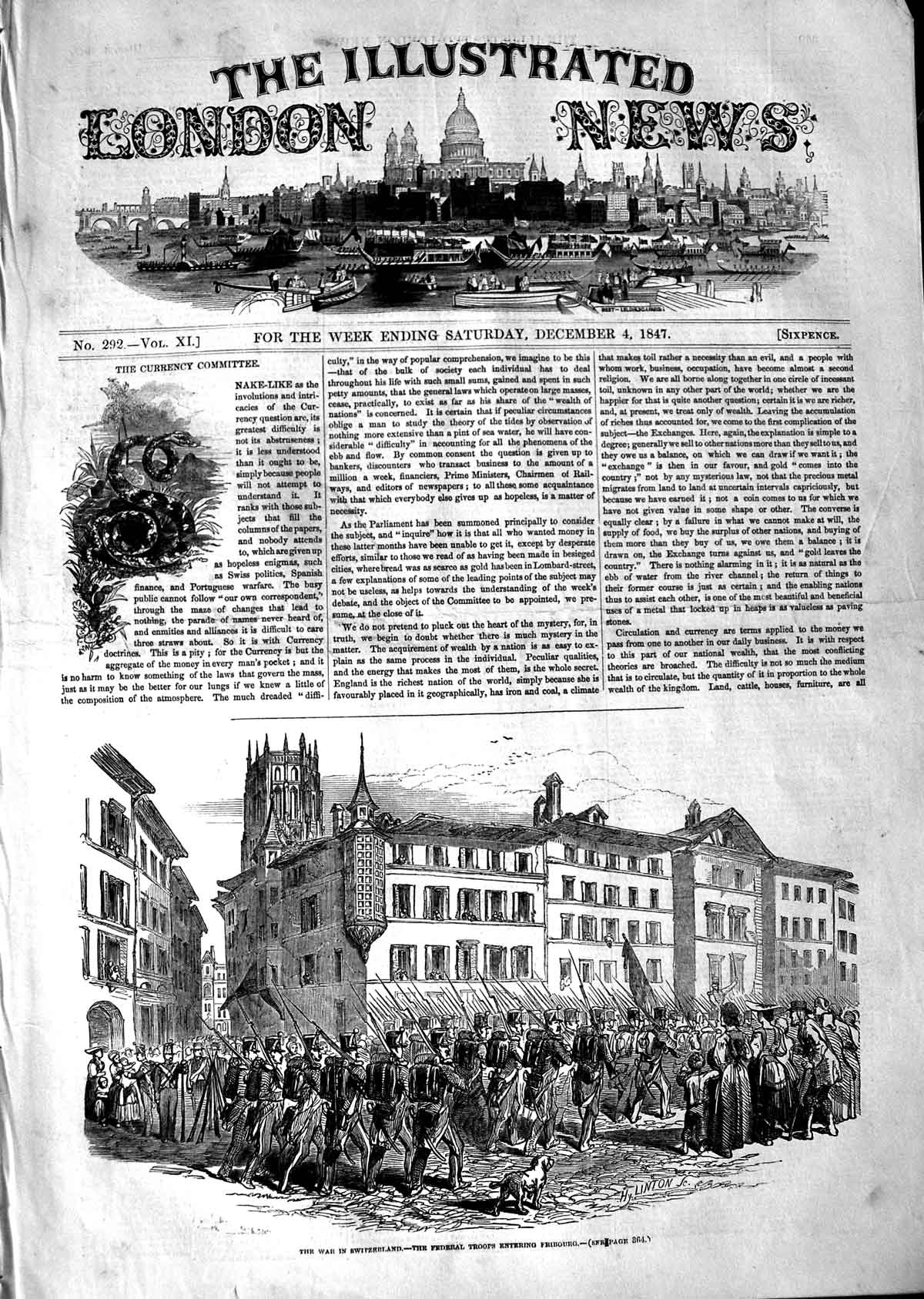 Original Old Antique Print 1847 War Switzerland Federal Troops Fribour Victorian