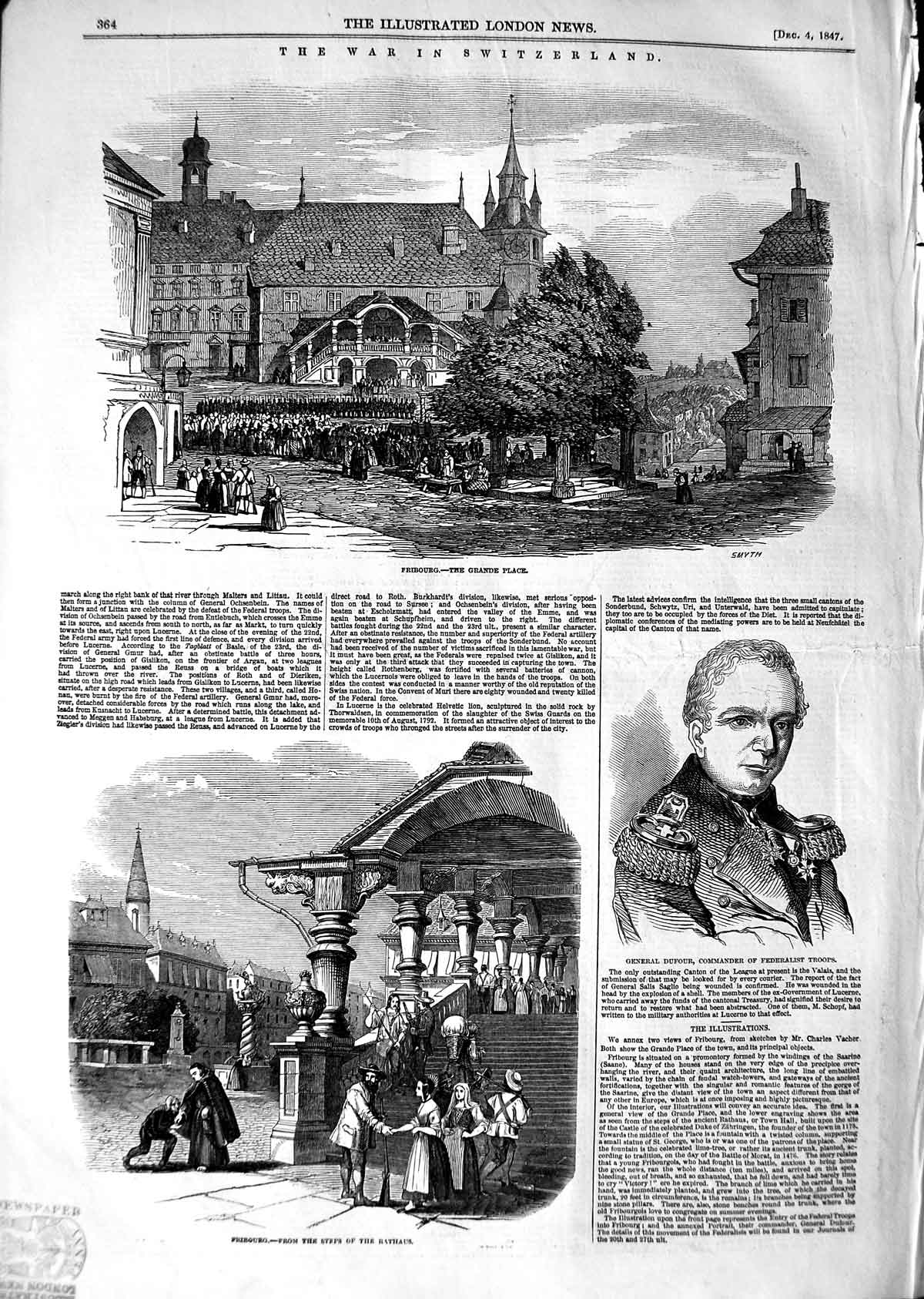 Original Old Antique Print 1847 War Switzerland Fribourg Grande Place Victorian