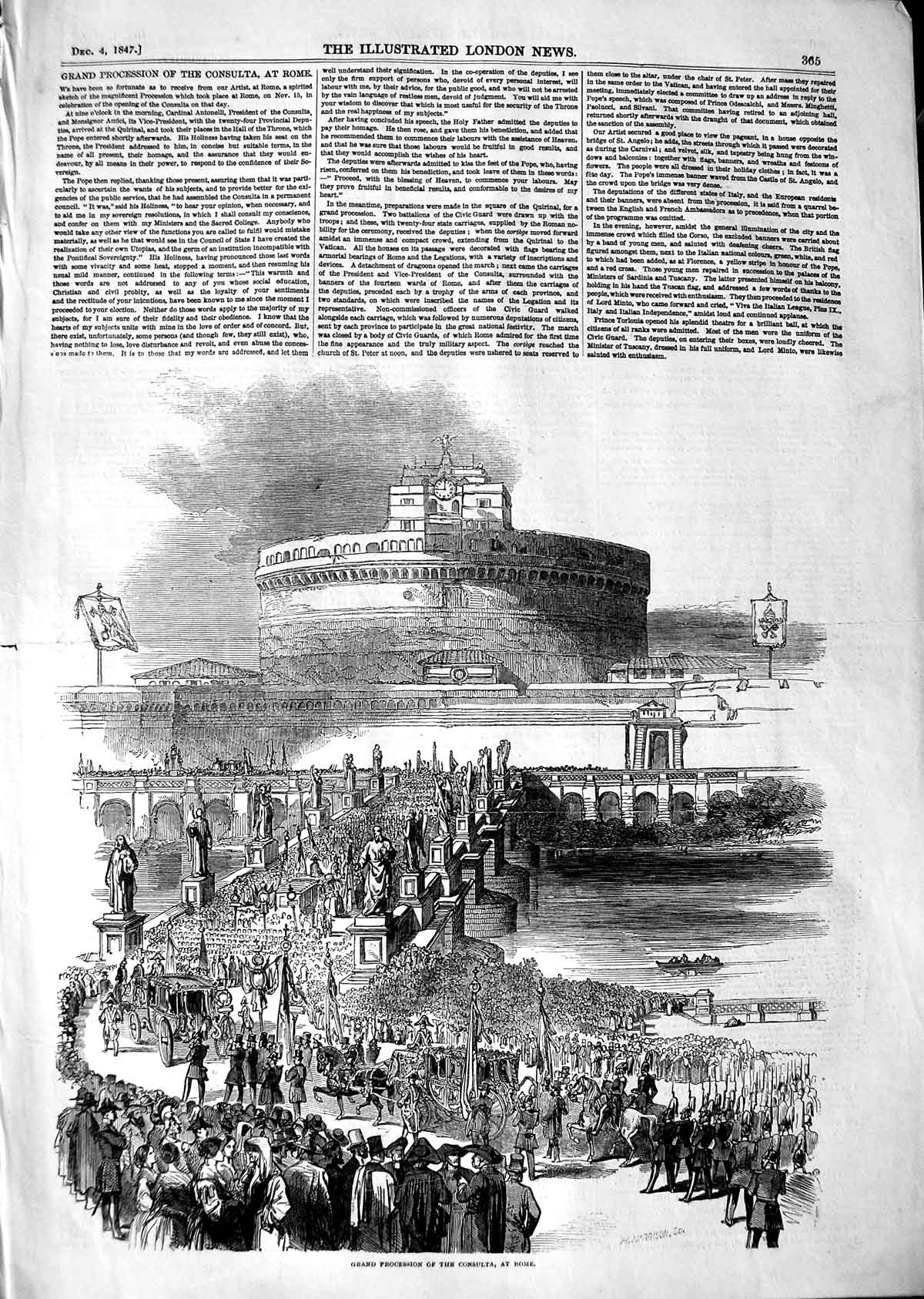 Original Old Antique Print 1847 Grand Procession Consulta Rome Italy Victorian
