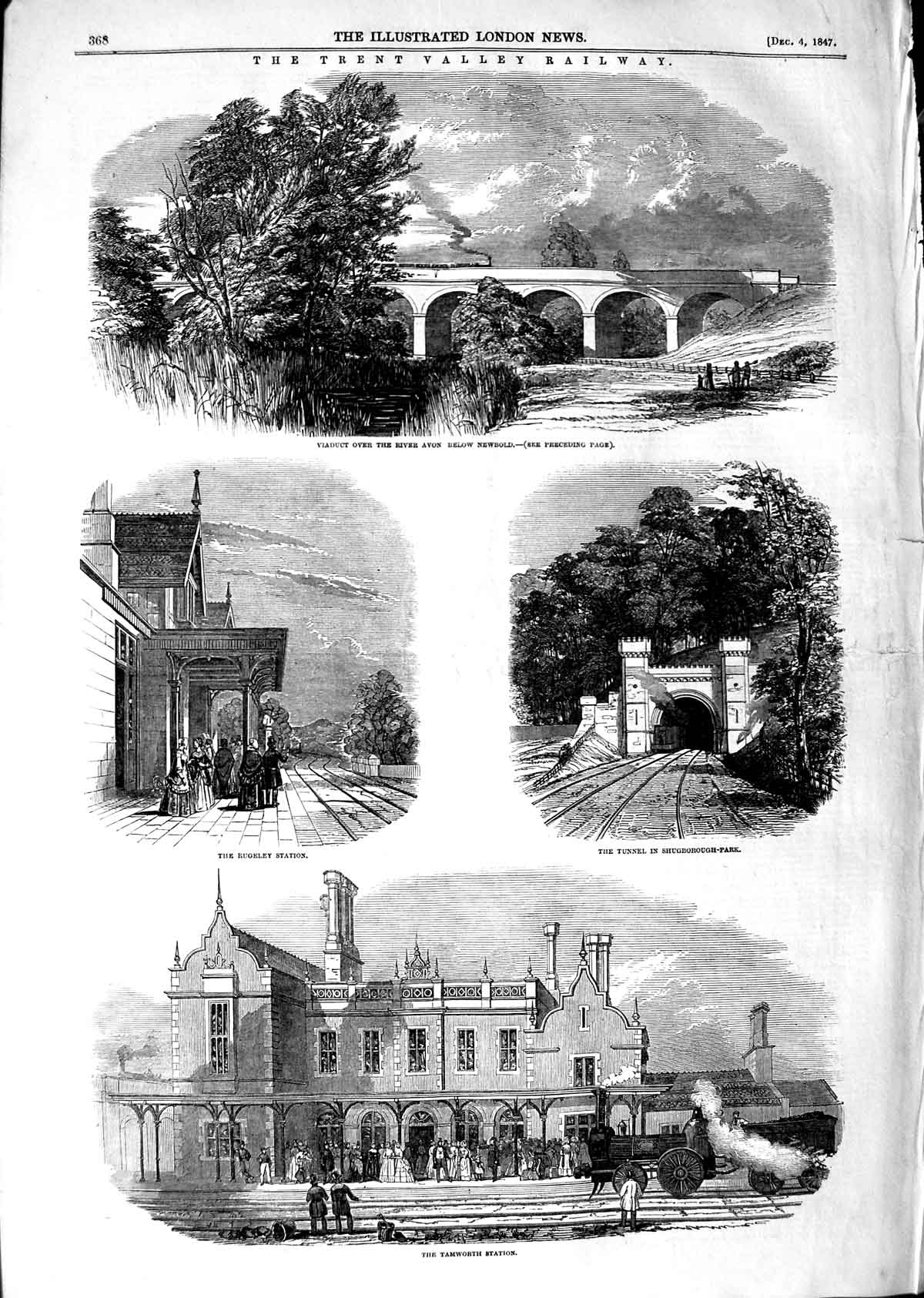 Old Antique Print 1847 Trent Valley Railway River Avon Tamworth Station 19th