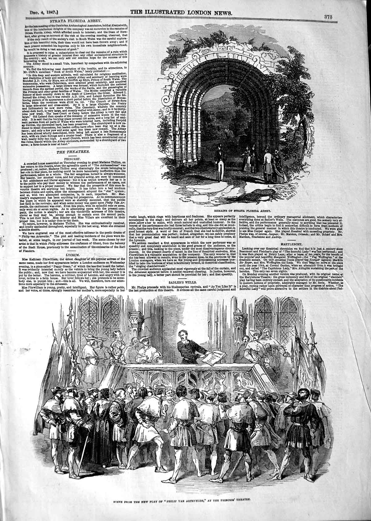 Original Old Antique Print 1847 Philip Artevelde Princess Theatre Strata Abbey