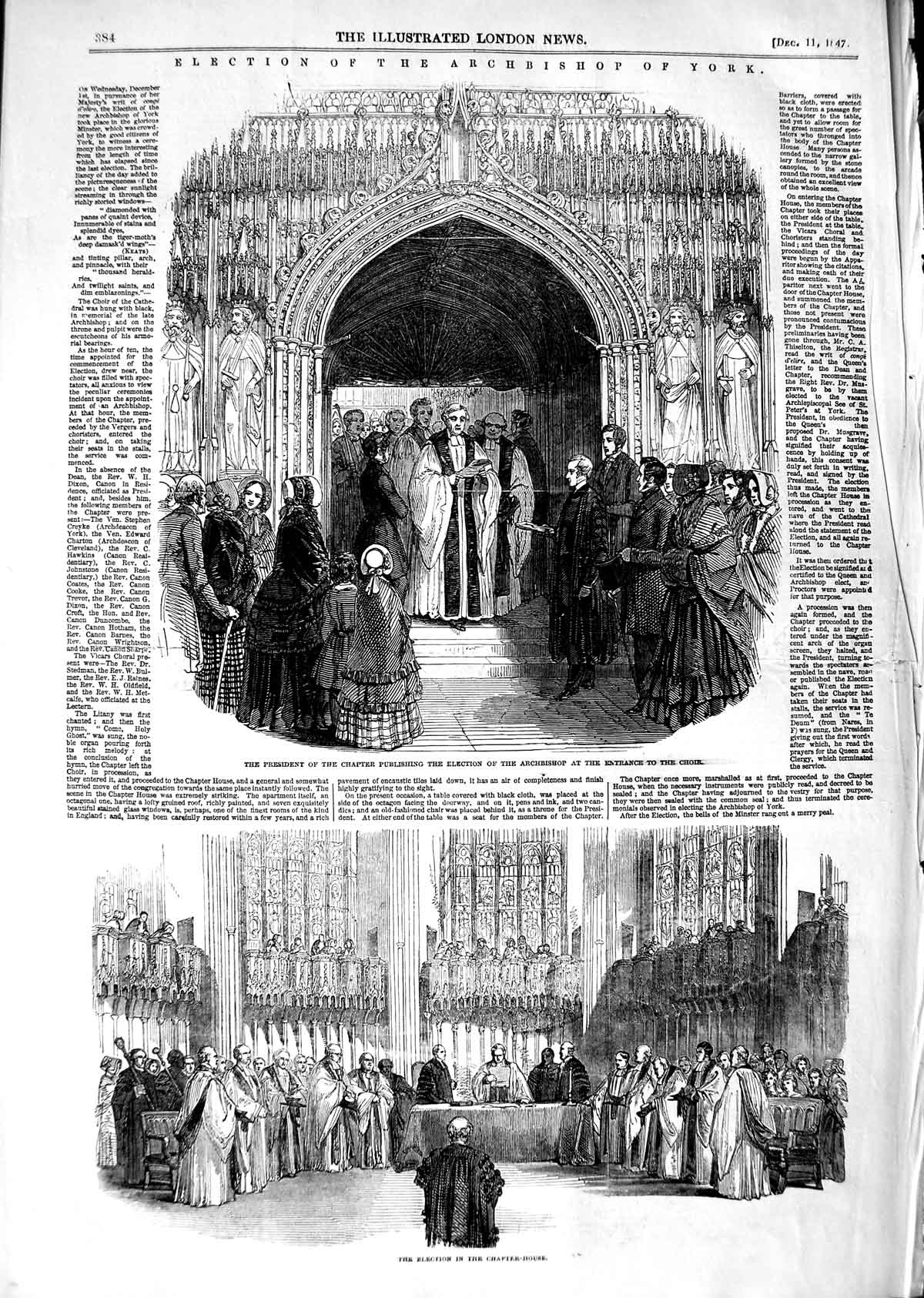 Old Antique Print 1847 Election Archbishop York Cathedral Chapter-House 19th