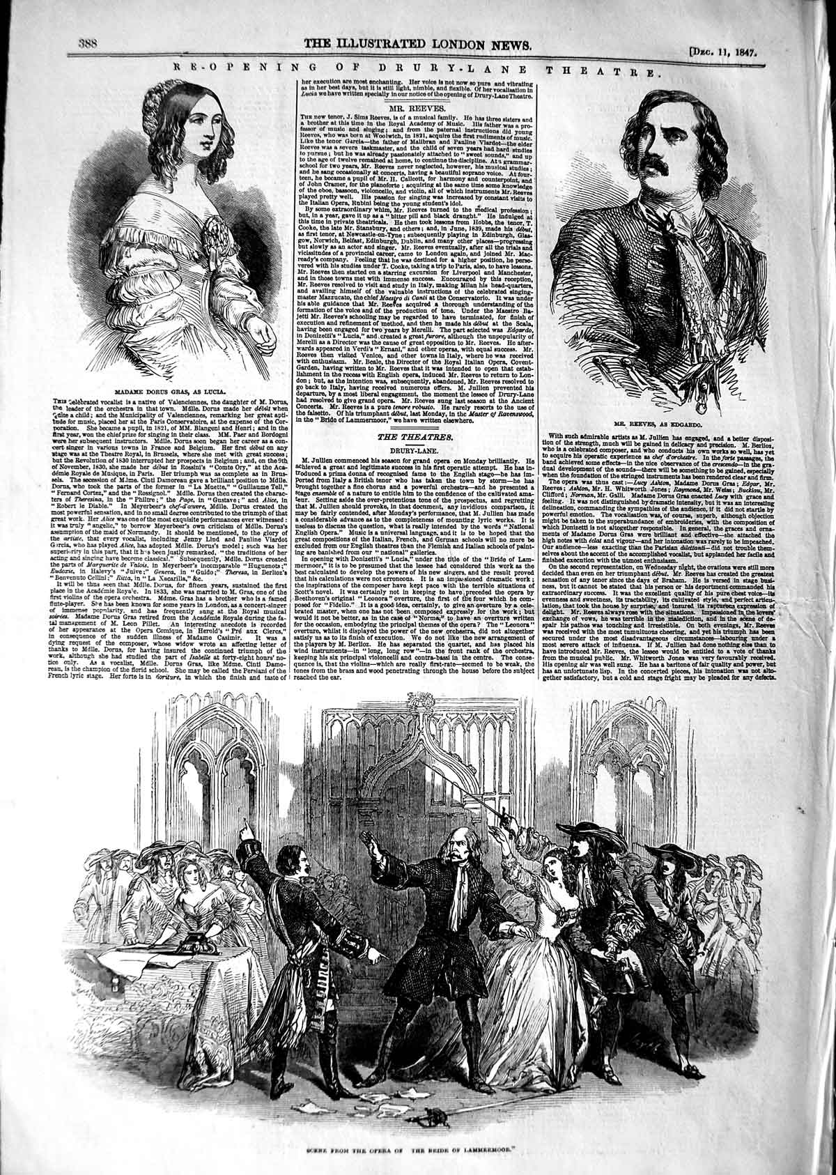 Original Old Antique Print 1847 Drury Lane Theatre Bride Lammermoor Edgard 19th