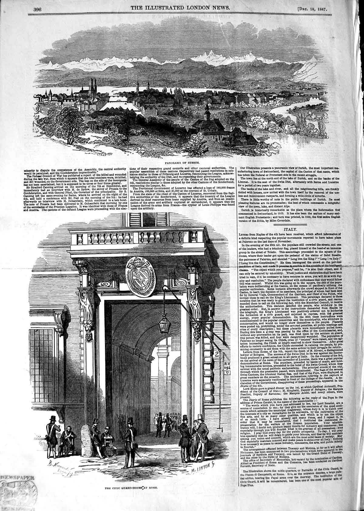 Original Old Antique Print 1847 Panorama Zurich Civic Guard House Rome Italy