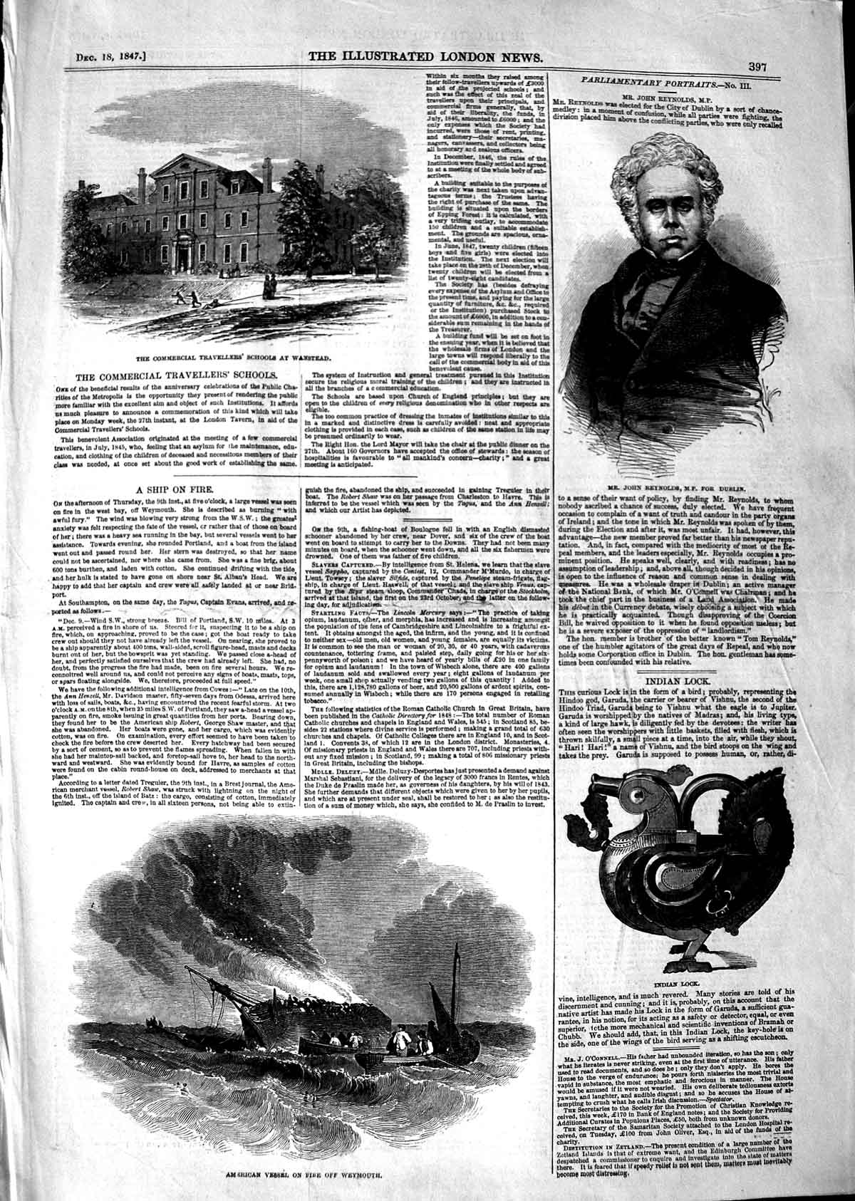 Original Old Antique Print 1847 John Reyns Ship Weymouth School Wanstead Lock