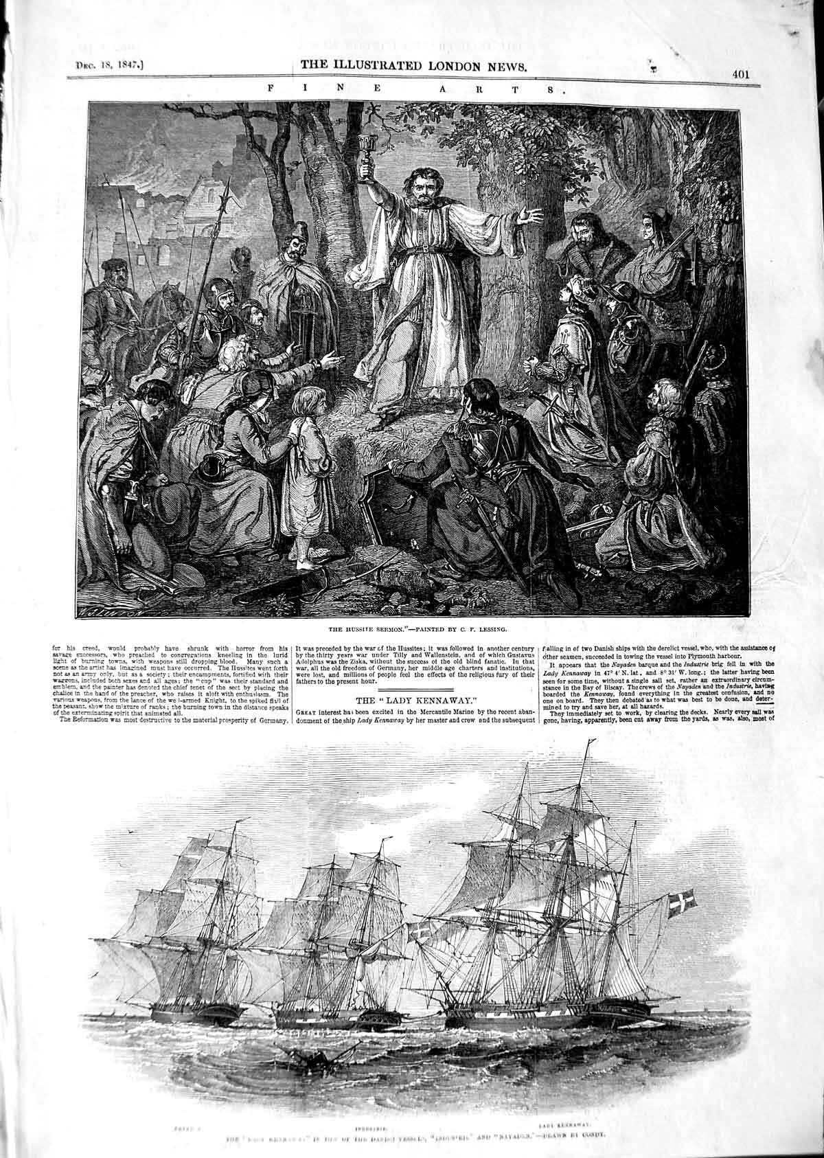 Original Old Antique Print 1847 Hussite Sermon Kennaway Ship Nayaden Industrie