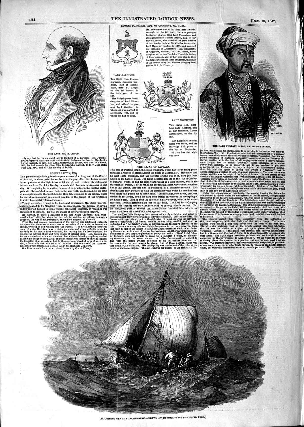 Old Antique Print 1847 Ship Cod Fishing Doggerbank Liston Purtaub Sattara 19th