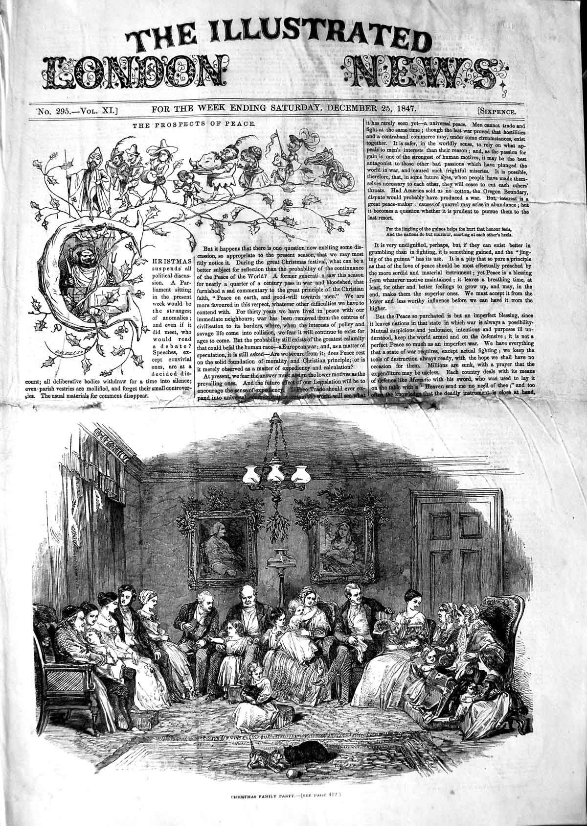 Original Old Antique Print 1847 Christmas Family Party Children Kitten Cats