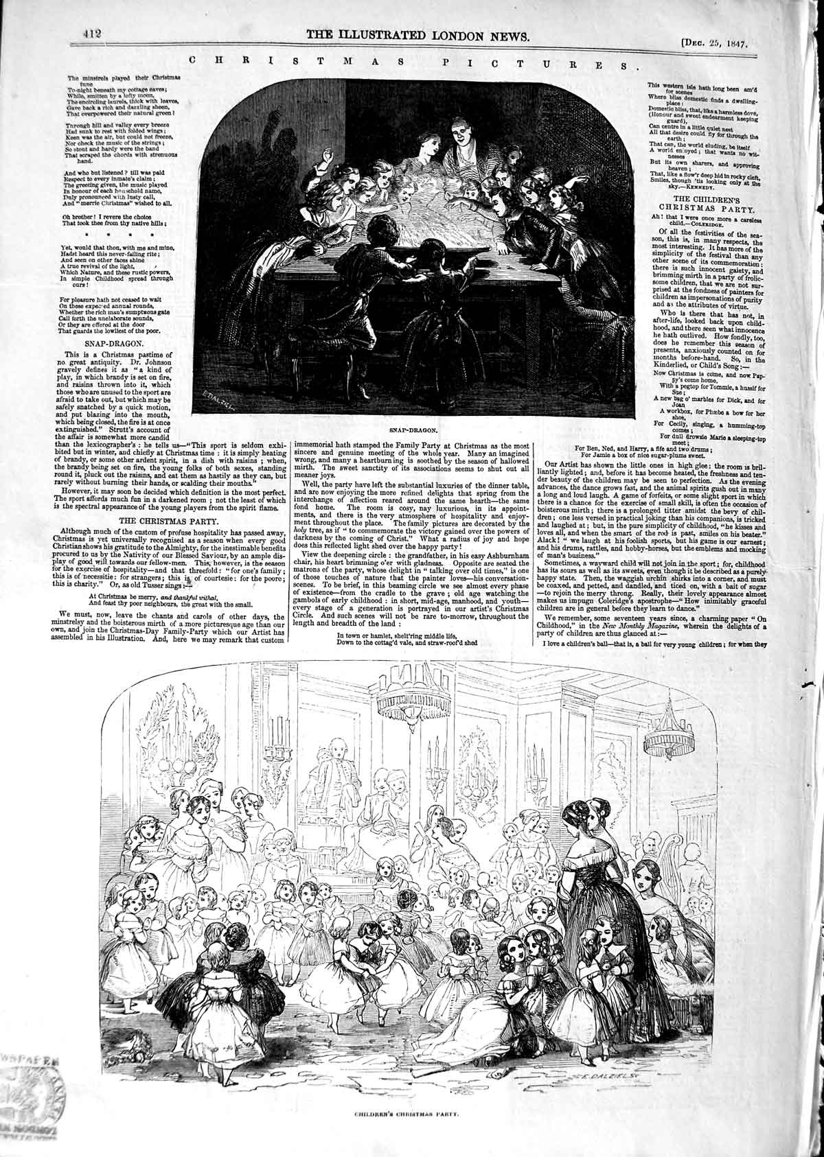 Original Old Antique Print 1847 Christmas Snap-Dragon Children'S Party Dancing