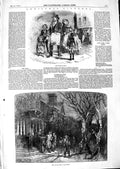 Original Old Antique Print 1847 Christmas Carol Family Return Home Street Scene