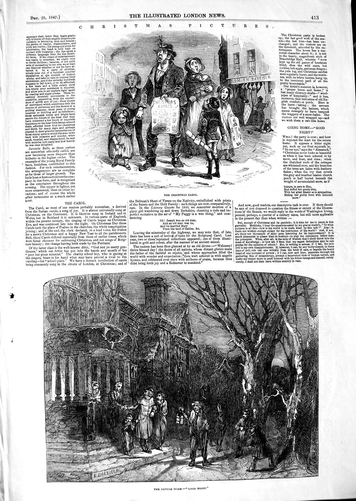 Original Old Antique Print 1847 Christmas Carol Family Return Home Street Scene