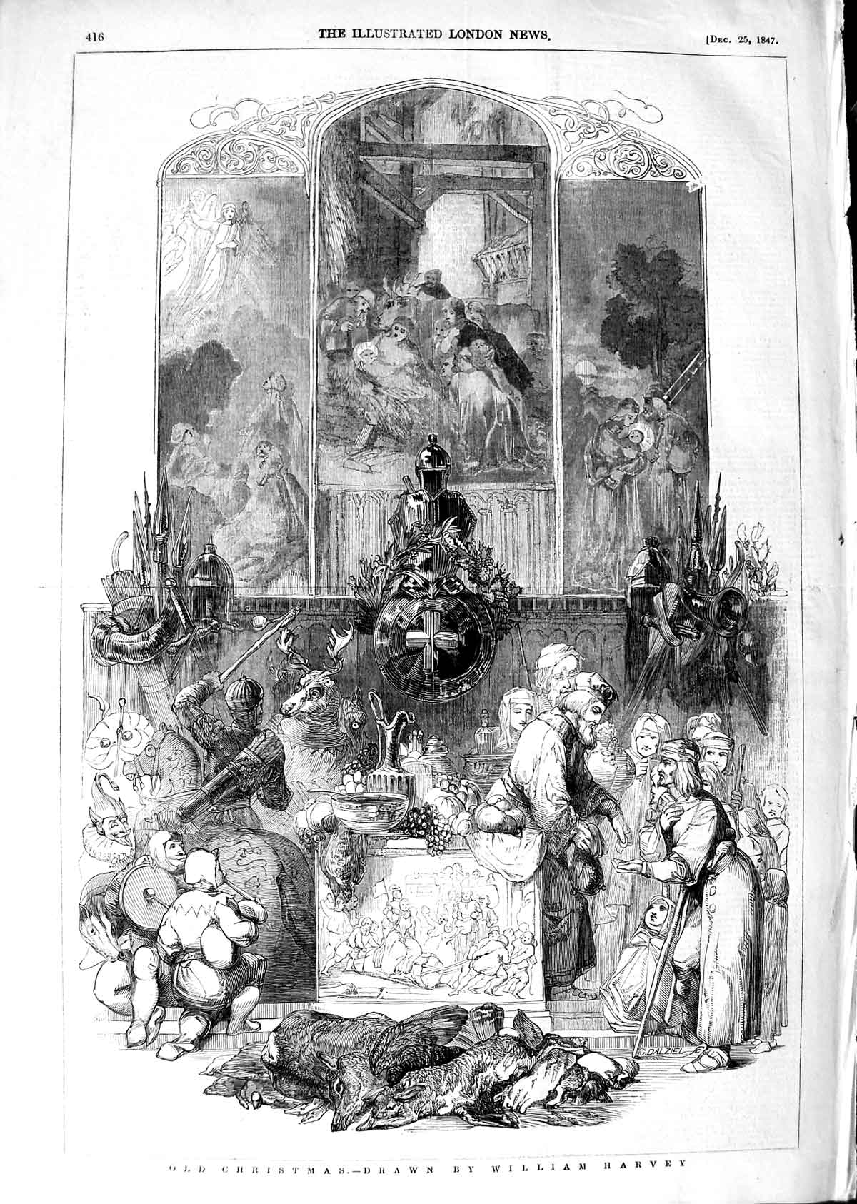 Original Old Antique Print 1847 William Harvey Christmas Drawing 19th