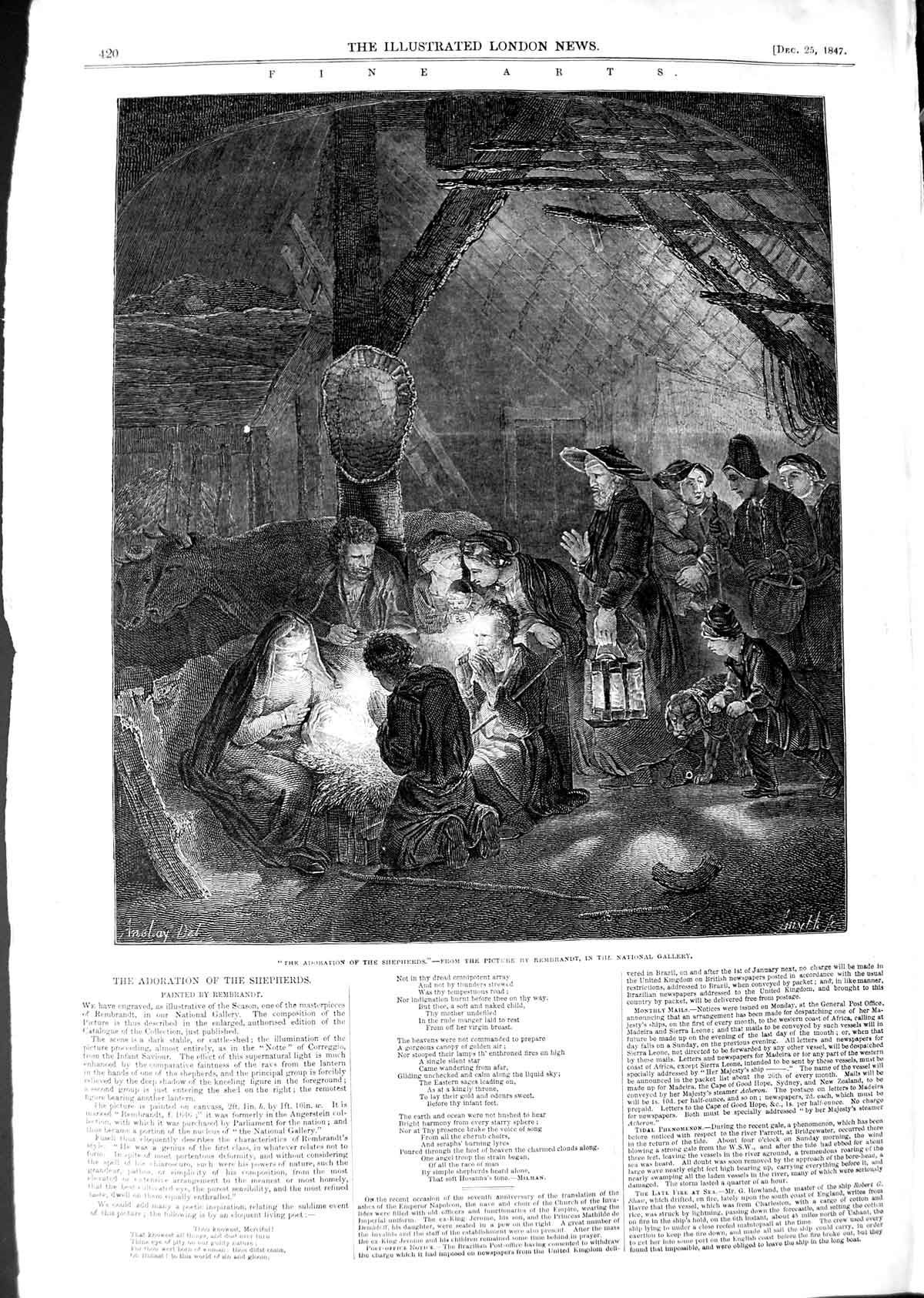 Original Old Antique Print 1847 Fine Art Scene Adoration Shepherds Rembrandt