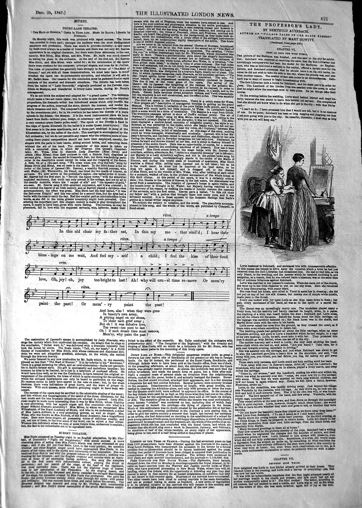 Original Old Antique Print 1847 Sheet Music Maid Honour Drury Lane Theatre 19th