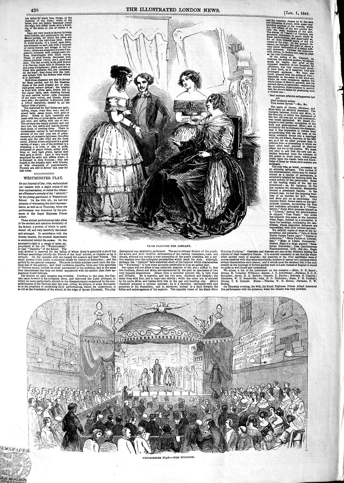 Original Old Antique Print 1847 Paris Fashion Scene Westminster Play Epilogue