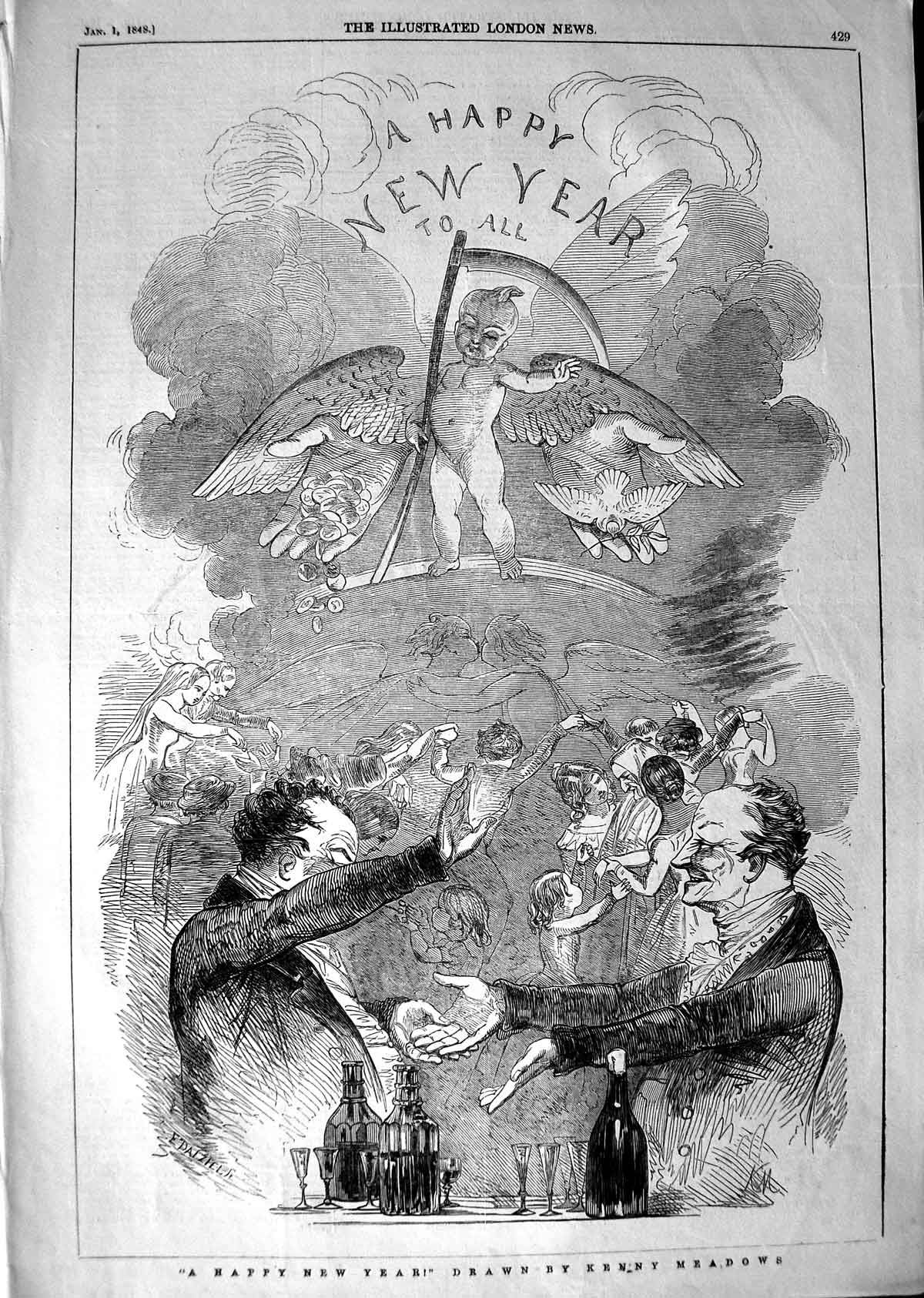 Original Old Antique Print 1847 Kenny Meadows Happy New Year Celebration 19th