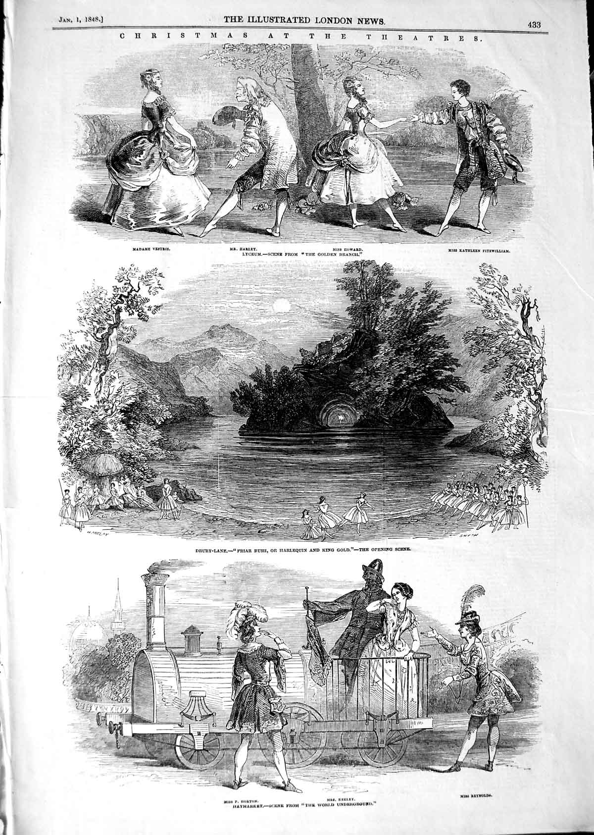 Original Old Antique Print 1847 Christmas Theatre Lyceum Drury Haymarket Keeley