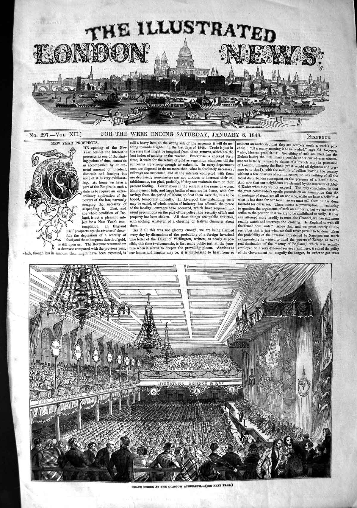 Original Old Antique Print 1848 Grand Soiree Glasgow Athenaeum Scotland 19th