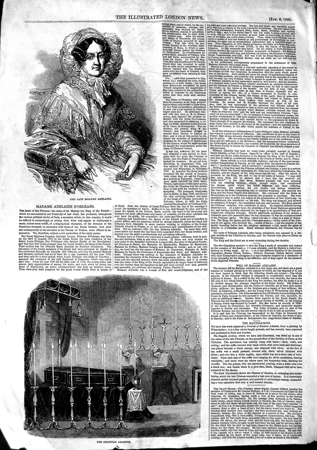 Original Old Antique Print 1848 Madame Adelaide D'Orleans Chapelle Victorian
