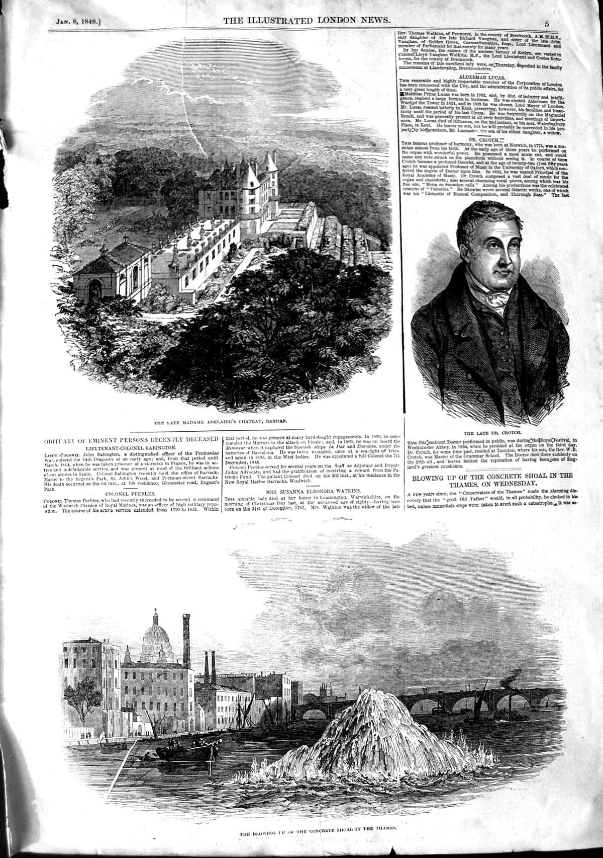 Original Old Antique Print 1848 Madame Adelaide Chateau Randan Explosion Thames