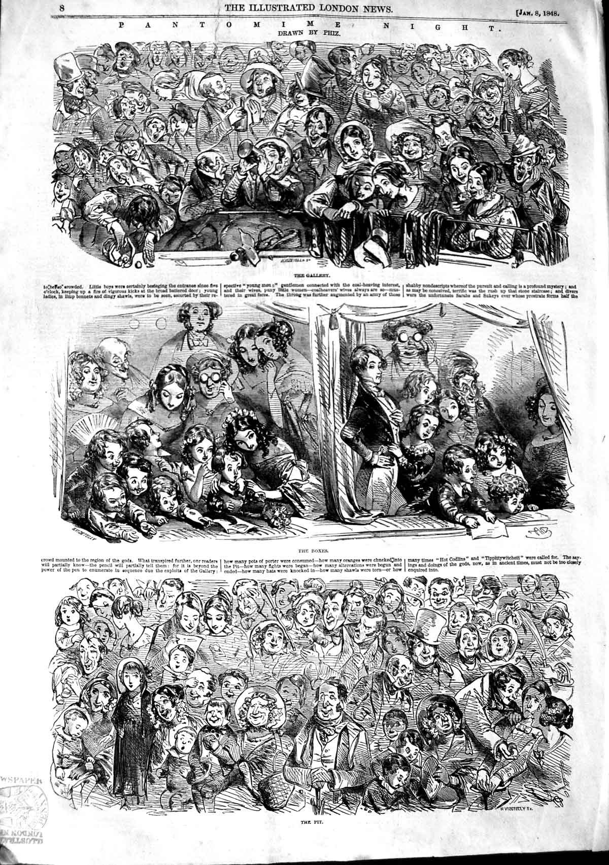 Original Old Antique Print 1848 Christmas Pantomime Gallery Boxes Audience 19th