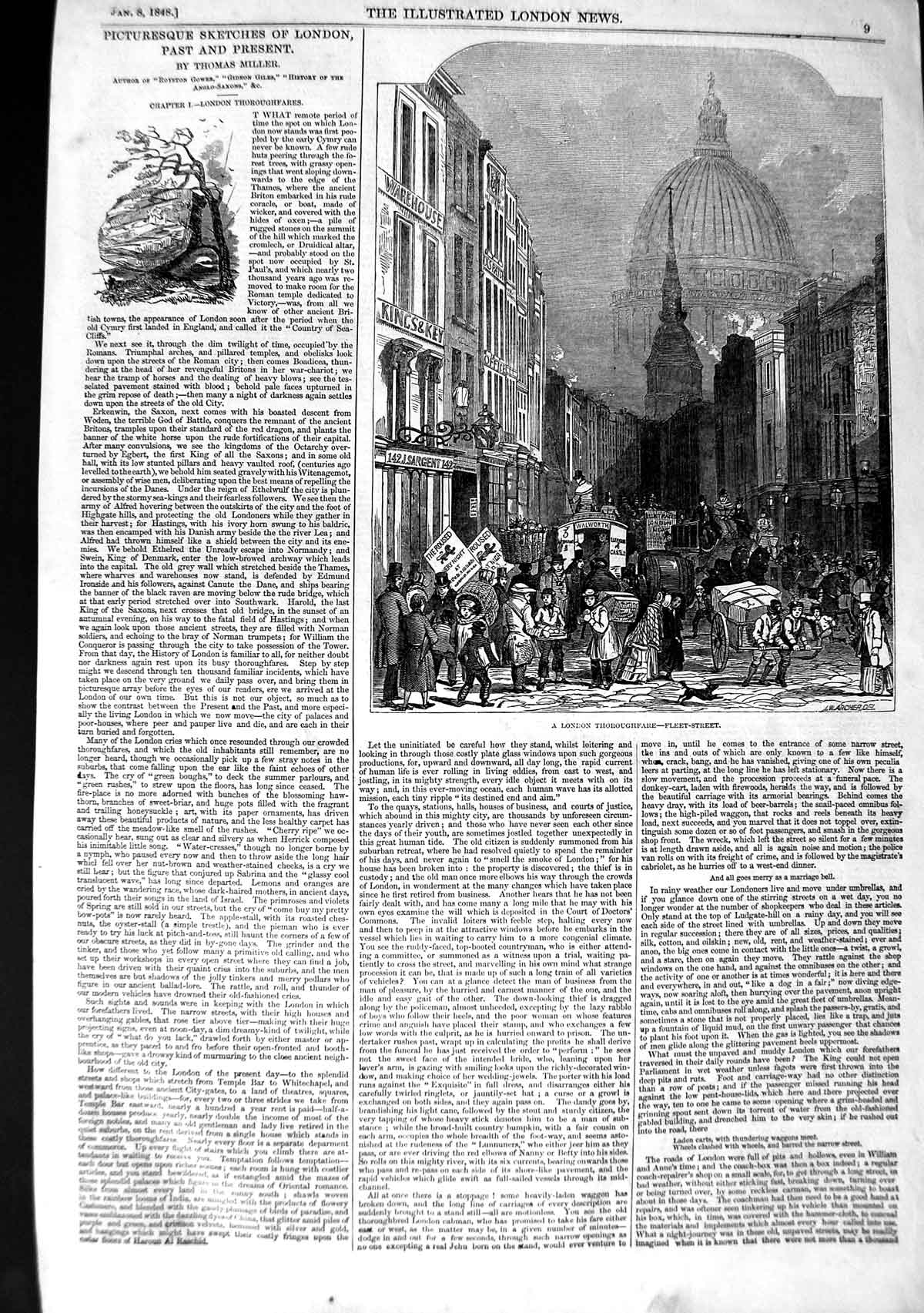 Old Antique Print 1848 Fleet Street Scene London Thoroughfare Buildings 19th