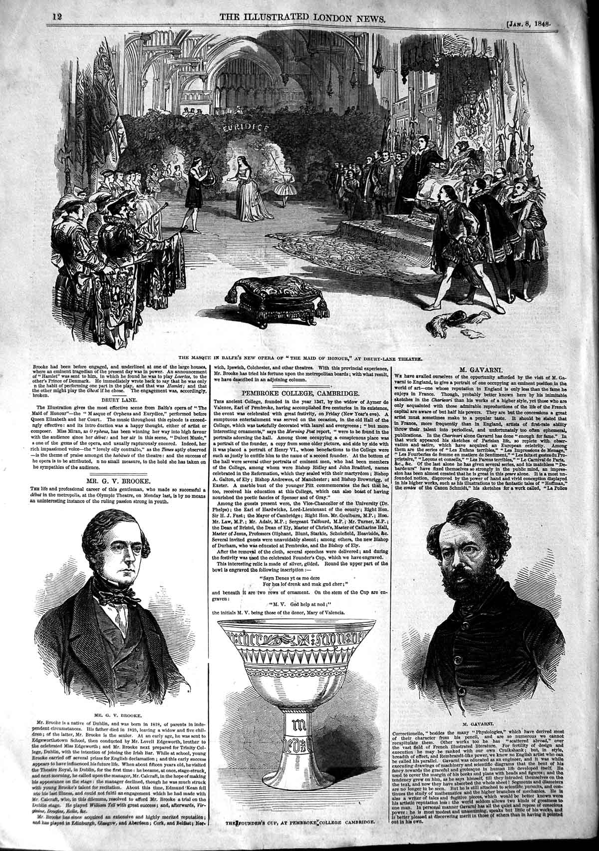 Old Antique Print 1848 Balfe Opera Drury Theatre Brooke Gavarni Pembroke 19th