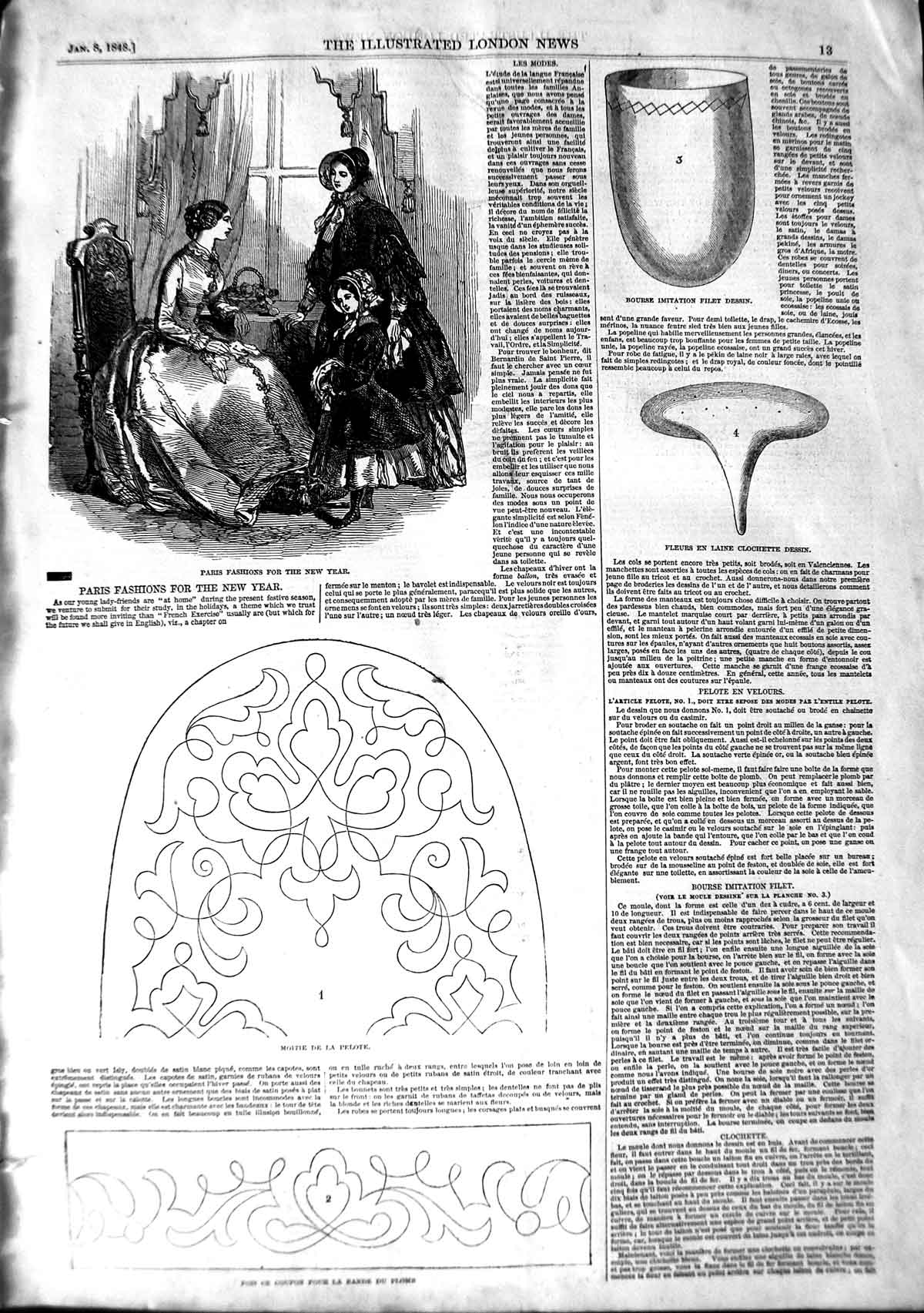Old Antique Print 1848 Paris Fashion Moitie Pelote Bande Plomb Clochette 19th