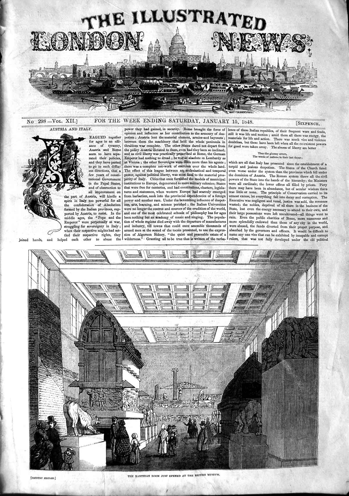 Original Old Antique Print 1848 Xanthian Room British Museum 19th